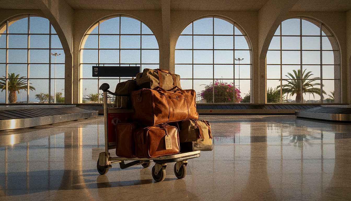 A small church mission team collecting luggage at Faro airport arrivals in Portugal