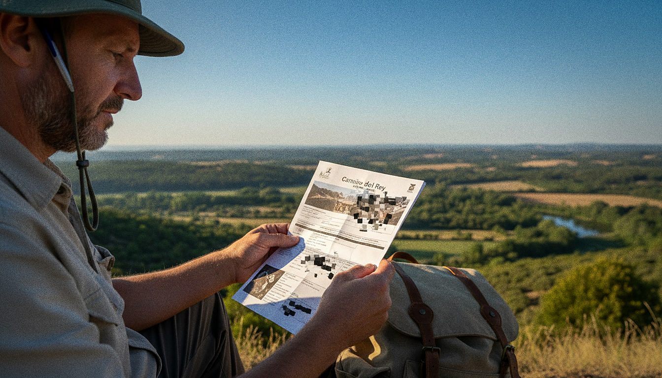 A trip leader checking a printed group booking confirmation for Caminito del Rey